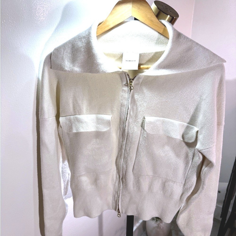 Varley Med sweater jacket zip up double pocket neutral cozy‎ knitwear modal